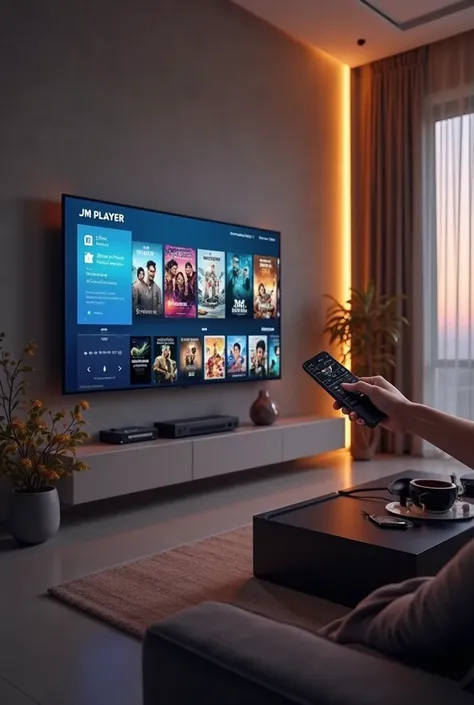 A large flat-screen television mounted on the wall of a modern living room, displaying the interface of a streaming app called "...