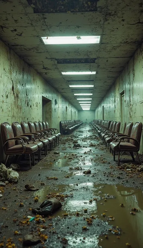 A grim, deserted airport terminal: cracked walls, collapsed ceiling panels, and muddy floors. Rusted, broken chairs are overtur...