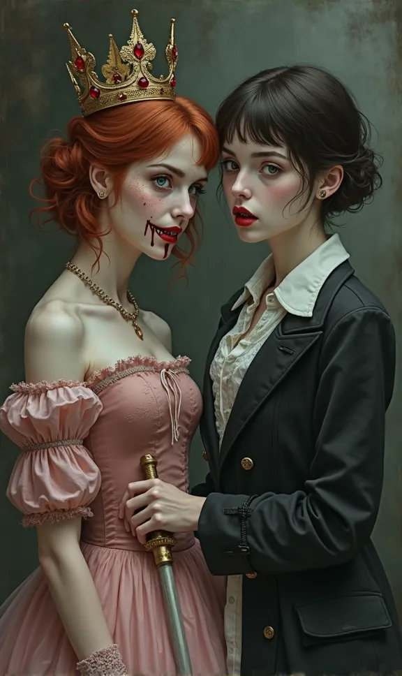 

Two women, one with slightly wavy red hair,  blue eyes,  some freckles on the face ,  the fangs superimposed on her lips and b...