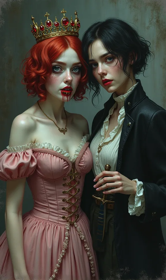 

Two women, one with slightly wavy red hair,  blue eyes,  some freckles on the face ,  the fangs superimposed on her lips and b...