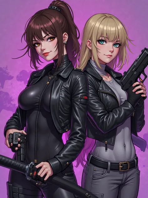 A painted formidable girl with brown hair and brown eyes in a black bodysuit in a short leather jacket and the cargo pants are b...
