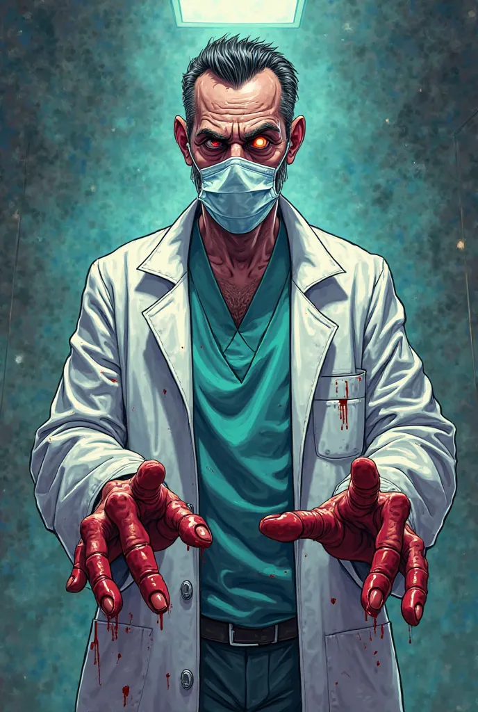 Cartoon image of doctor with blood 