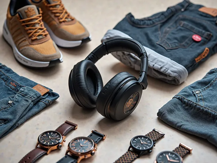 banner headphones with sneakers, watches, Clothes, airiculares