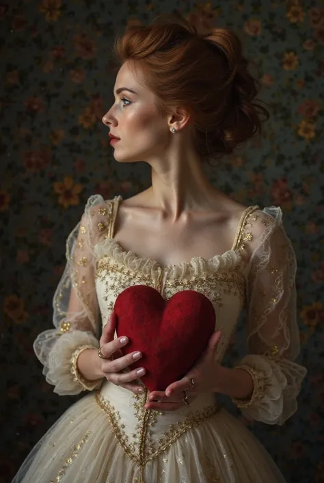 Woman dressed up in fine period clothes not so striking a dress with her hair up to her shoulders in profile that you can see bo...
