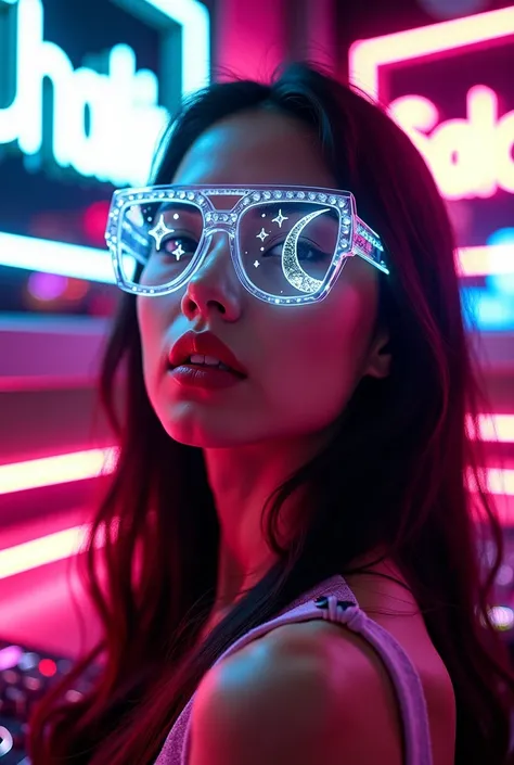 The model wears crystal sunglasses with stars and the moon on the glass in a room with neon lights with DJ headphones mixing on ...