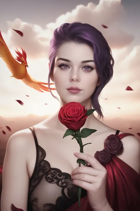 A realistic painting of a beautiful woman holding a rose and a Phoenix behind her