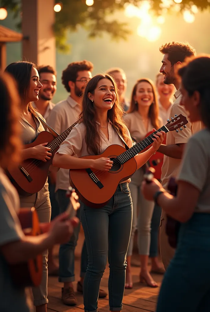 Round of men and women singing and playing instruments such as guitar and ukulele