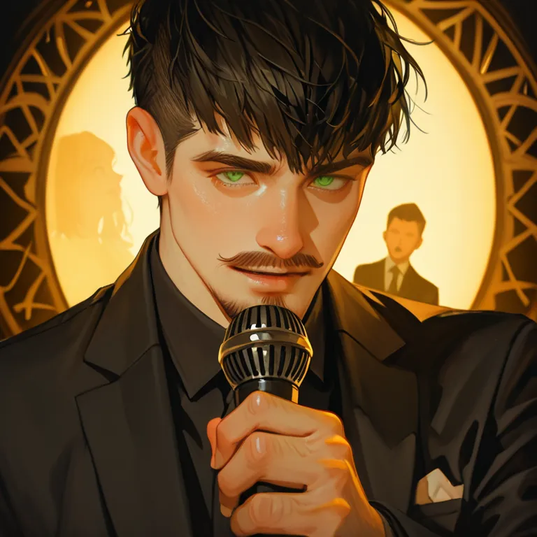 Young Man, black suit, Short hair male cut, stage, microphone in right hand and bible in left hand, goatee, green eyes, calm exp...