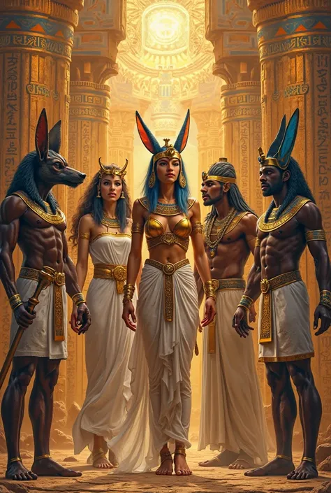 Create a detailed and vivid image of the various deities of the Egyptian pantheon. Include iconic figures such as jackal-headed ...