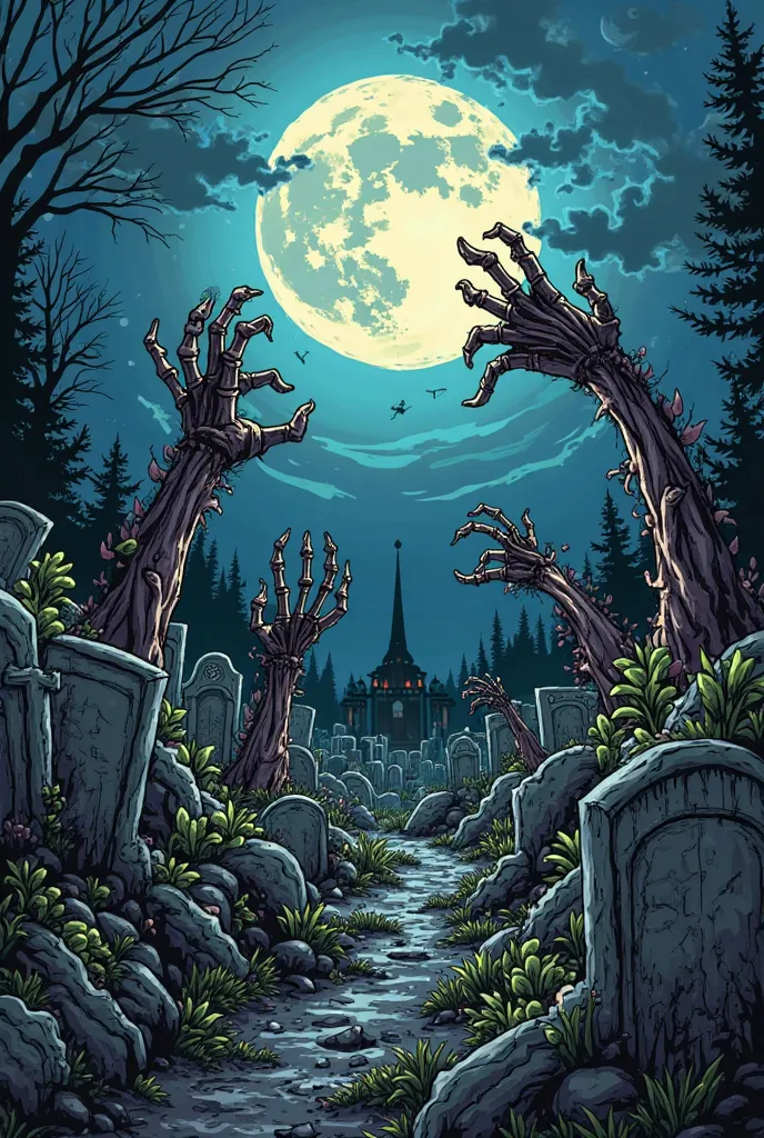 
Night cemetery in the moonlight. Zombie hands rise from under the ground. comic book style