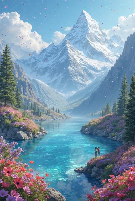 Create a beautiful site full of fun beauty and magic create a beautiful place where's beautiful mountain covered with heaven flo...