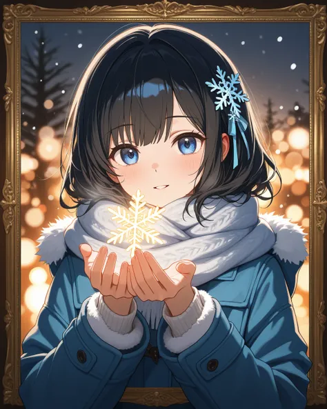 1 girl "Shiba_Miyuki", black hair, long hair, blue eyes, hair ornament, ribbon, hair ribbon, snowflake hair ornament, bangs, blu...