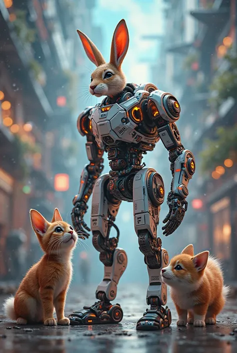 A rabbit and a cat and a dog and an Aho engage in today's modern world, working together to build a robot, participate in roboti...