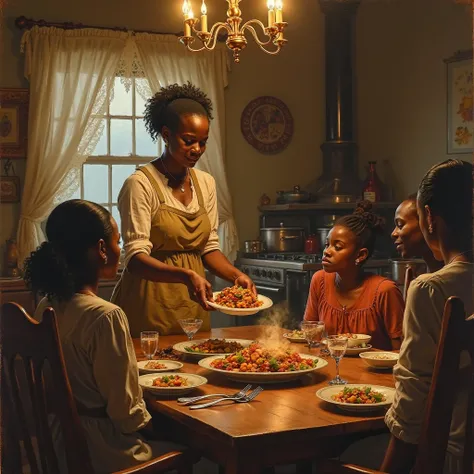 A rich, classical oil painting capturing the warmth and love of a Black woman serving her home-cooked meal to her gathered fami...