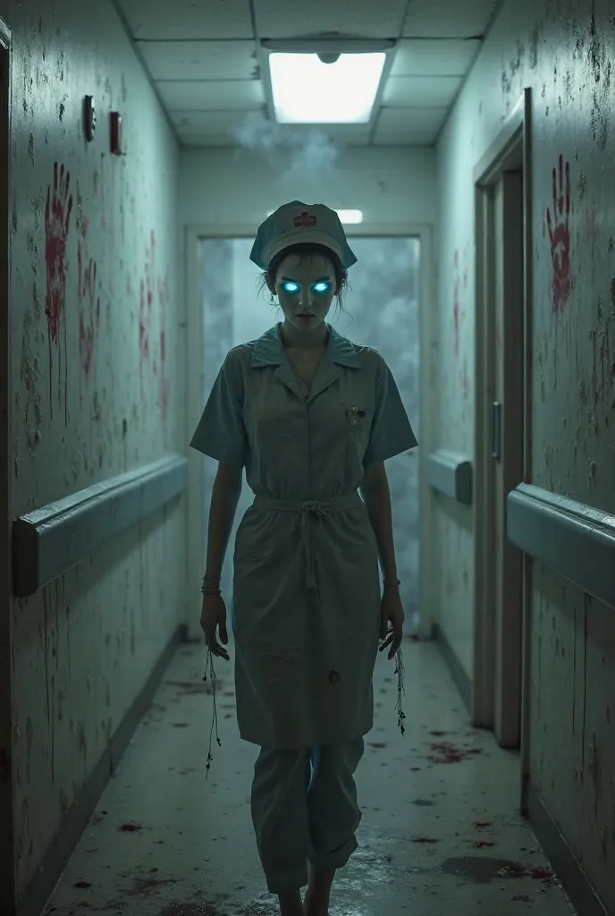 Ghostly nurse in tattered gray uniform (pale skin, glowing hollow eyes) standing in hospital corridor, peeling walls with bloody...