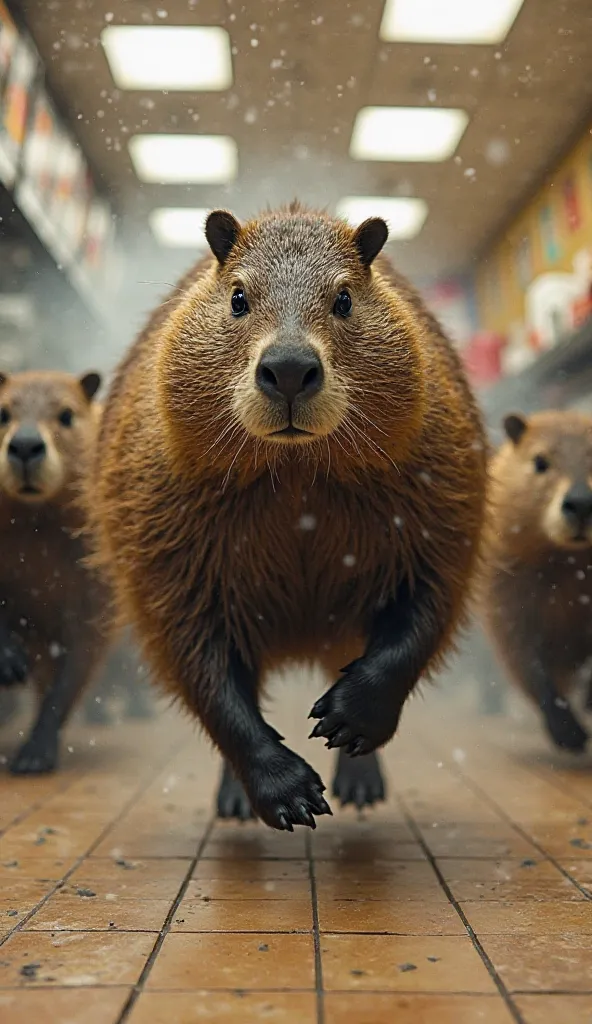 A herd of massive beavers, each the size of a horse, bursts into the McDonald's kitchen, galloping on all four legs with the pow...