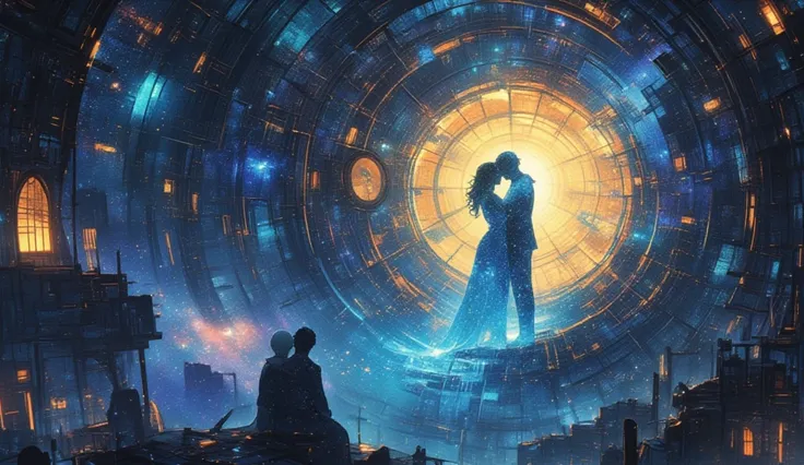 Lovers embracing each other across time and space, One is a holographic young woman, the other an old man. nebula, galaxy, conf...