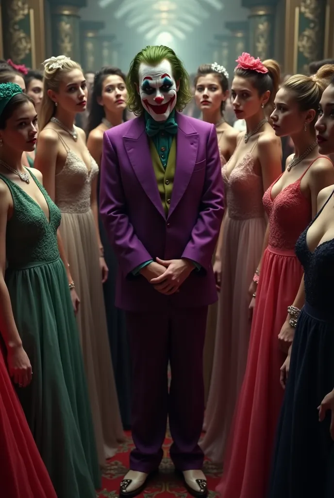 Create an image of a Joker standing in the midst of many dressed women 