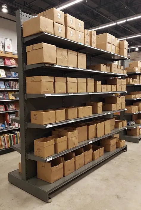 Generate an image with metal gondolas, holders of cardboard boxes and other furniture for a bookstore, be guided by the followin...
