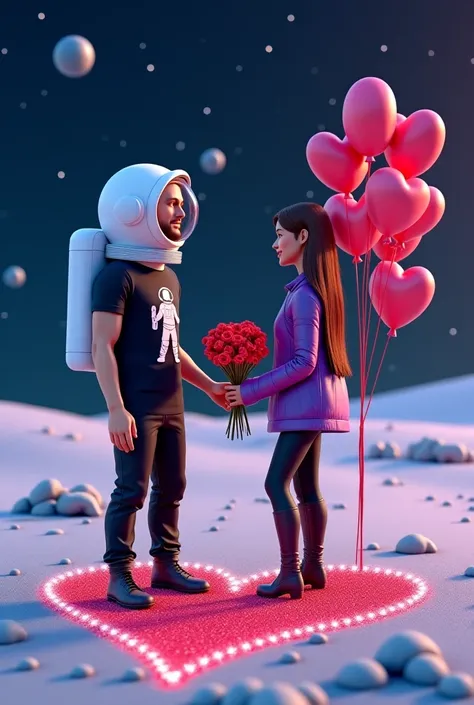 A 3D rendering of a realistic starry sky background with a man in an astronaut helmet walking on the moon. He wears shoes, boots...