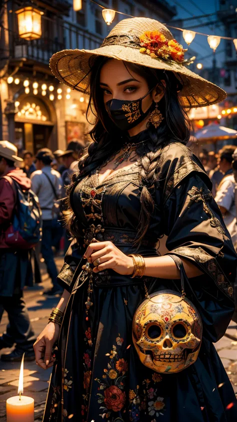 A vibrant Día de los Muertos parade in Mexico City, with participants dressed in elaborate traditional costumes and face paint, ...