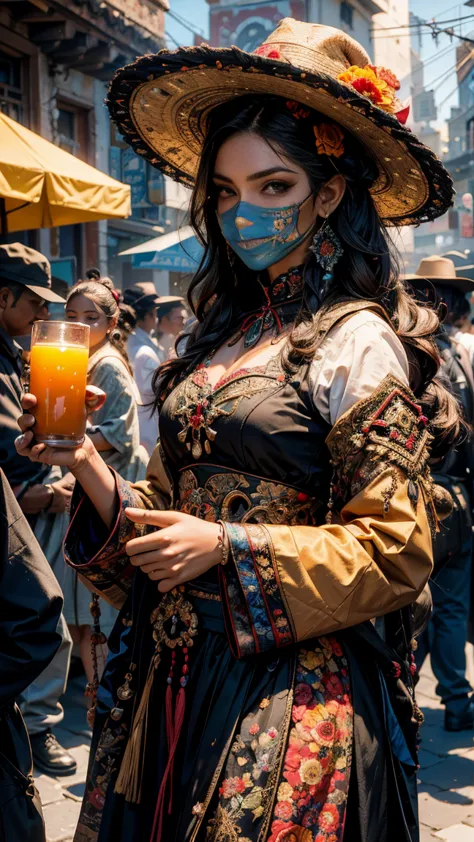 A vibrant Día de los Muertos parade in Mexico City, with participants dressed in elaborate traditional costumes and face paint, ...