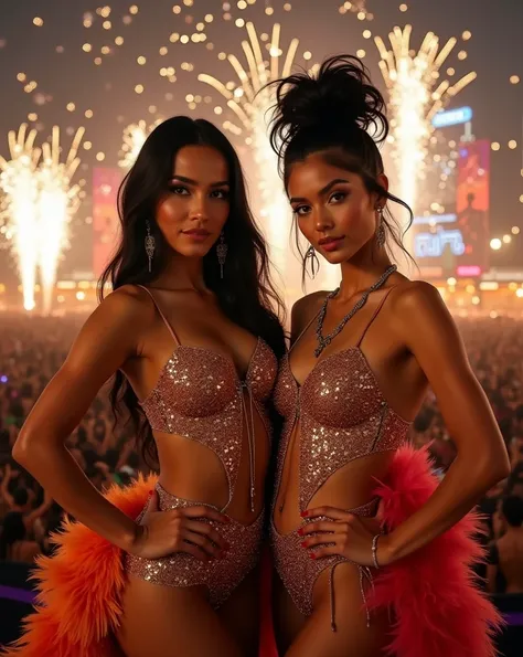 A professional photo of a two elegantly dressed women stand proudly on an elevated stage at the heart of the Brazilian Carnival,...