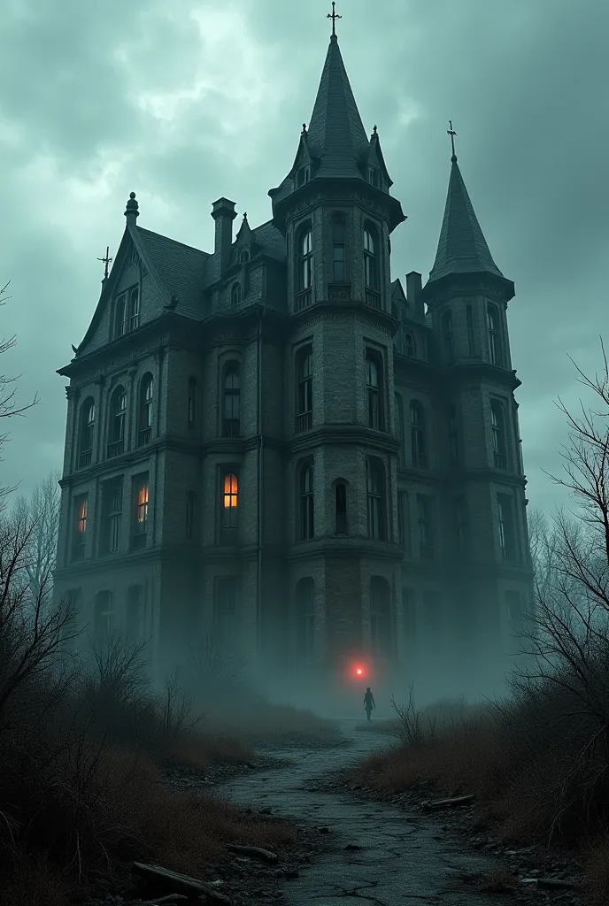 Make me an old building with horror and ghosts inside
