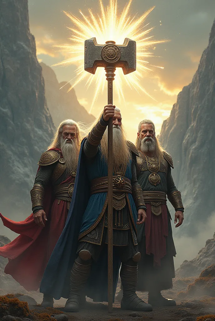 Ultra-realistic Old Norse image depicting the gods holding a Viking hammer, with rays coming out of it.