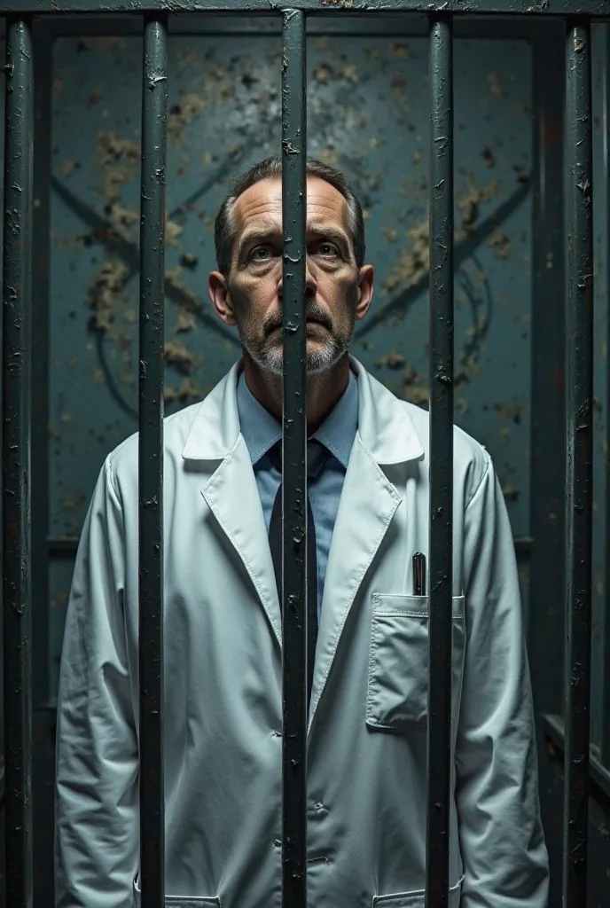 Man in a lab coat with the biomedicine symbol in biomedicine behind the bars of a jail