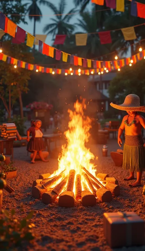 32k Ultra HD, Very sharp ,ultra realistic, very detailed June party bonfire, Full of June party flags, with a caipira and a gift...