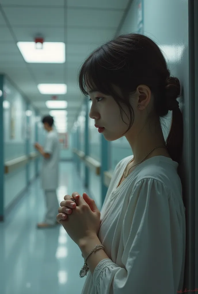 Girl standing in the hospital, secretly watching her lover 