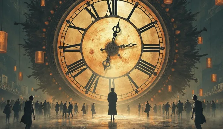 An antique clock with rapidly rotating hands, while the background shows scenes of a fast-paced life. The person in the center i...