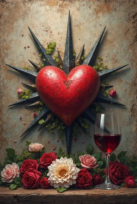 Heart between spikes with flowers, wine, canvas