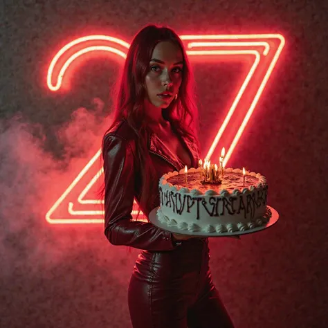 Fashionable editorial image of gray smoke and red neon number 27 that represents my realistic realism. A beautiful young woman w...