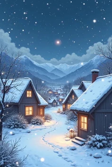 Brown buildings, at night,snow, anime drawing style ,Manhwa