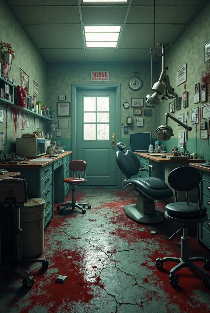 Create an image of an abandoned dentist's office with a lot of blood dripping 