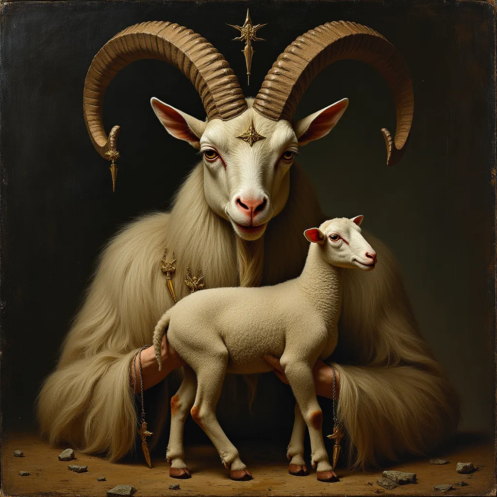 painting of a goat with a star on its head, by Franz Stuck, lamb and goat fused as one, baphomet, alice cooper as a goat, a goat...