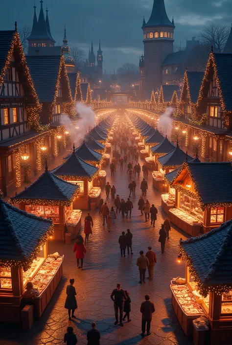 Christmas market at night, illuminated, from a bird's eye view