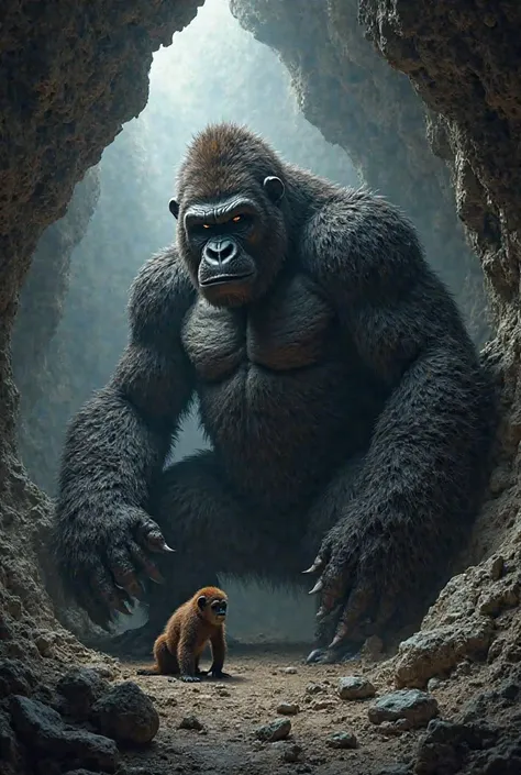 A huge dangerous looking king kong ape is sitting in a cave with his small ape baby playing with him in 3D realistic view