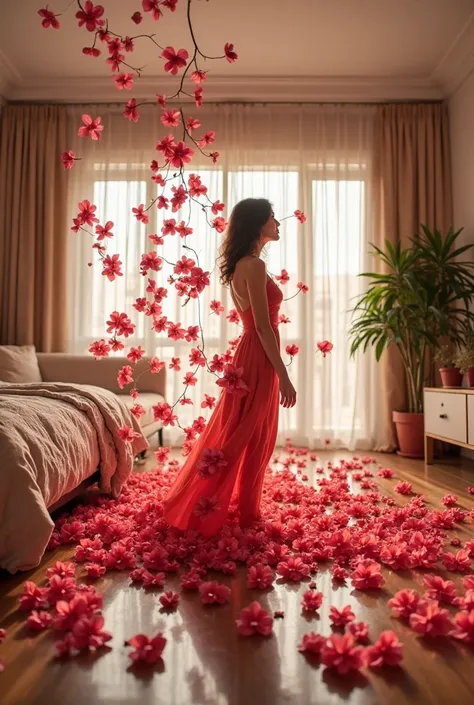 A beautifully decorated modern bedroom with a cozy bed, a stylish sofa, and elegant room decor. A person is standing on the floo...