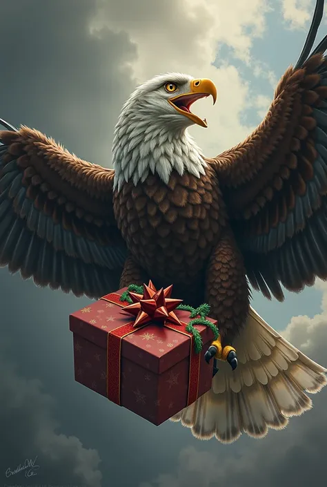 I am to paint a backdrop for drama festivals. Generate for me a picture of an angry eagle holding Christmas gifts. Let not be t...