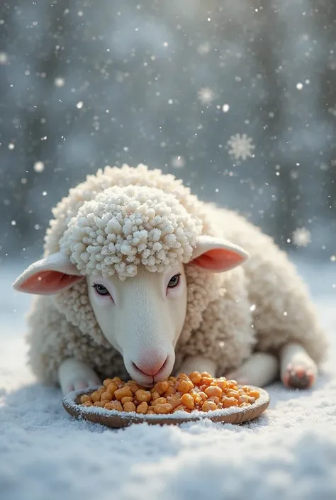 a sheep eating food in the snow while snowfall continues around it.