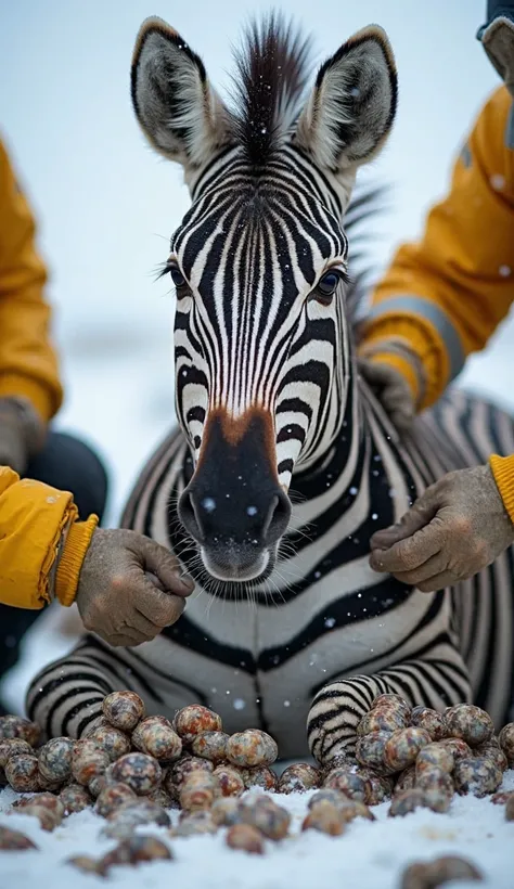 A close-up shot captures the zebra sitting in the snowy landscape, its body covered with over 10,000 sea snails clinging tightly...