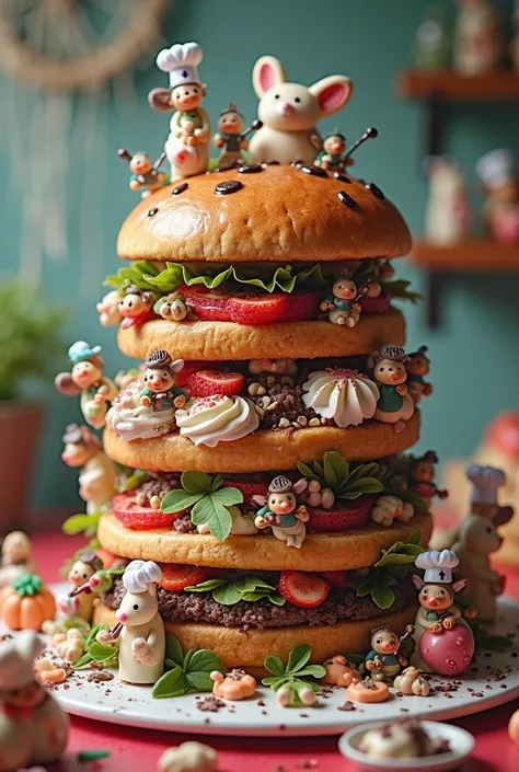 "Dozens of tiny, whimsical creatures—some with wings, others wearing little chef hats—are decorating a towering, multi-layered c...