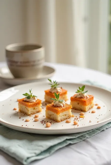 Generate an impactful image with a table filled with square chicken canapes