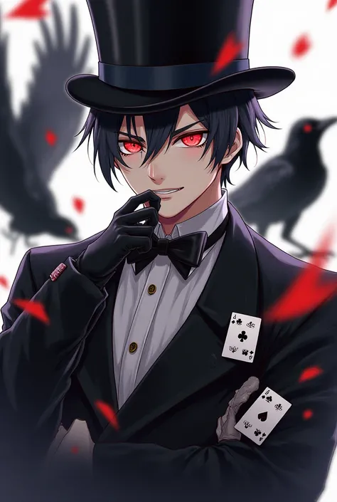 Male characters, Realistic art, wearing clothes from the Victorian era, black gloves, using a top hat, on his sleeves, playing...