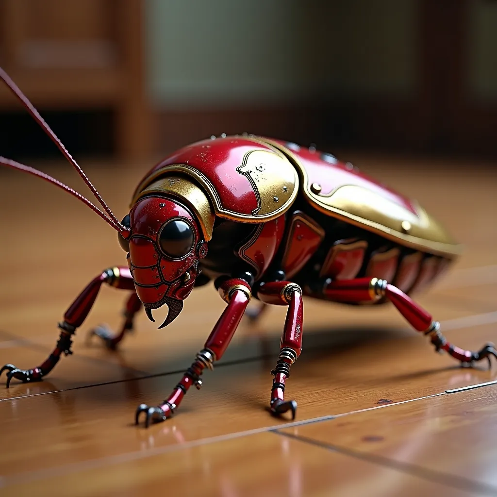 Create a Realistic image. A real Cockroach covered with Ironman's Red and Golden color costume design, on the floor.