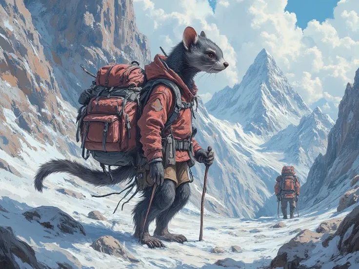 a ferret with an extremely long neck, wearing a gigantic backpack, hiking on snowy mountain, In fantasy art style, masterpiece,...