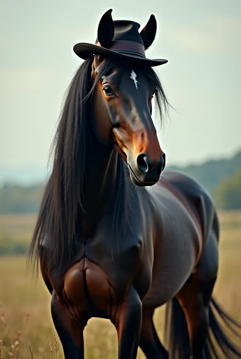 A realistic Grimaud horse with a long mane on one side and a hat on the head